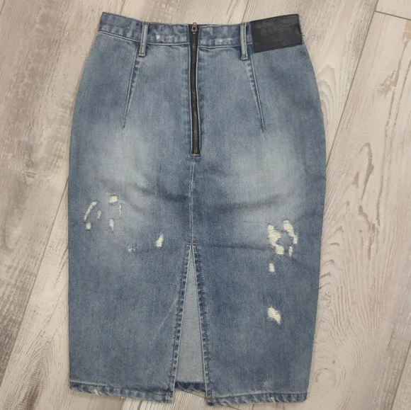 One Teaspoon Light Wash Denim Distressed Midi Pencil Skirt with High Slit - Picture 8 of 12